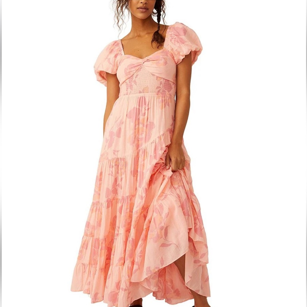 Free People Sundrenched Pink Floral Maxi Dress with Puff Sleeves